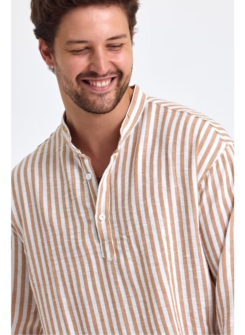 Cool Tarz Cool Style Striped Mandarin Collar Linen Three Button Men's Shirt - Image 1